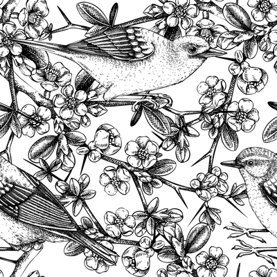 Vector spring background in engraved style. Yellow warbler sitting on blooming Japanese quince branch sketches. Songbird with beautiful flowers seamless pattern design for prints or textiles